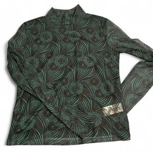Anthropologie Black and Teal Floral Turtleneck Top